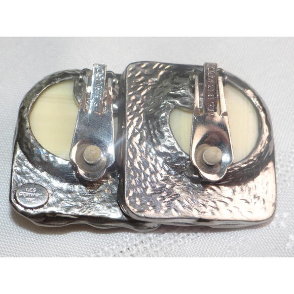 Vintage Les Bernard Signed Silver Tone and Cream Clip-On Earrings Lot 3 - Picture 2 of 9
